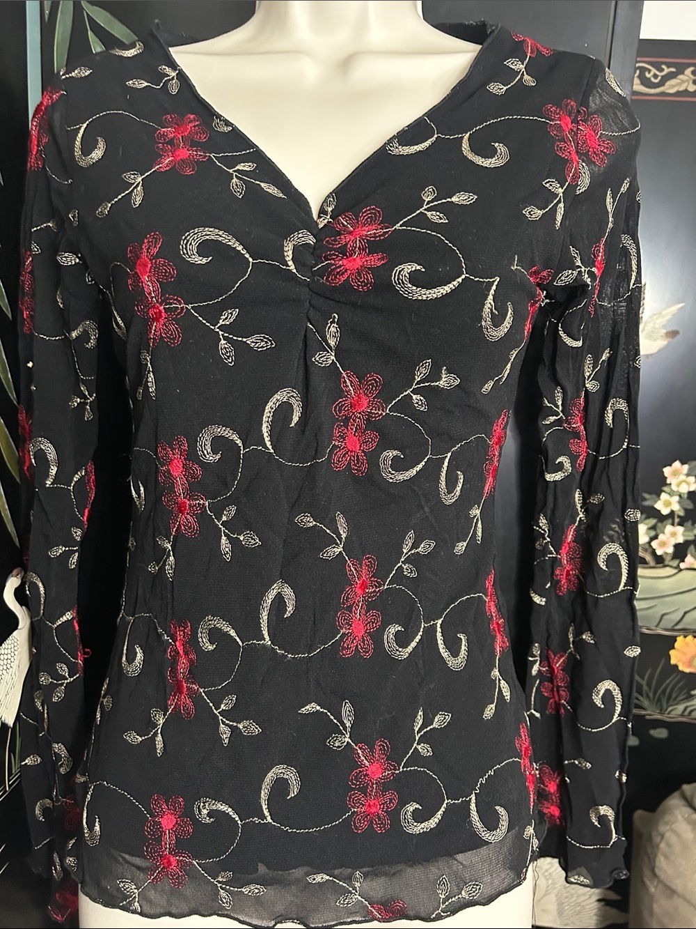 Wrapper Black V-Neck Top with Red Floral Embroidery